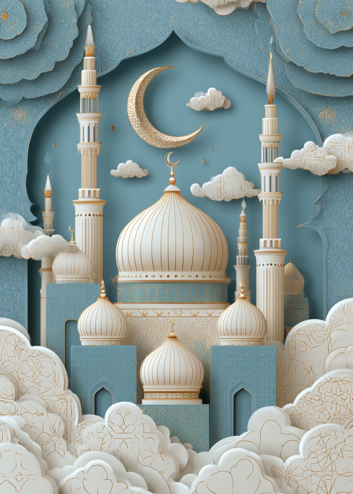 A Hablobi card design: a cream mosque and golden crescent on blue paper.