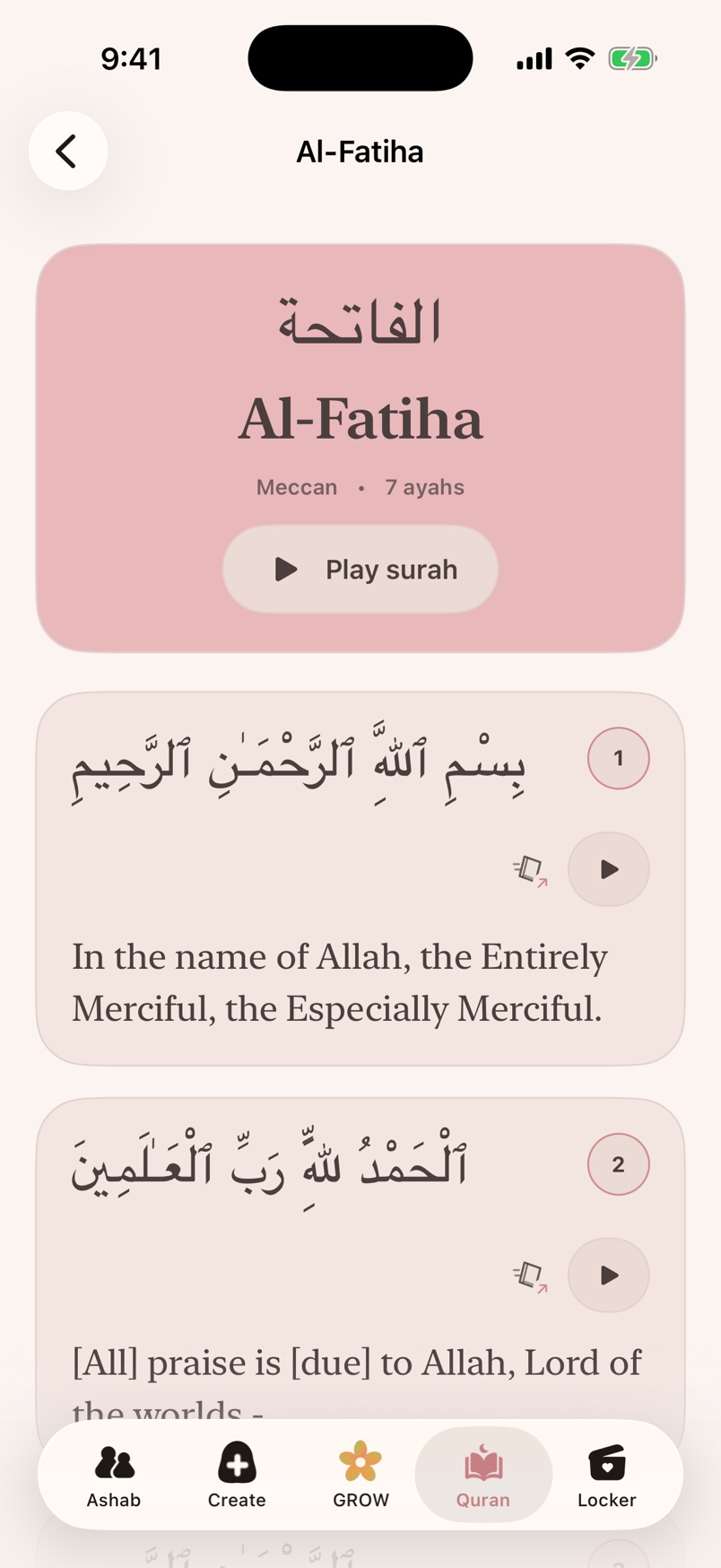 Hablobi’s Qur’an reader showing Al-Fatihah in Arabic with English translation and a Play surah control.